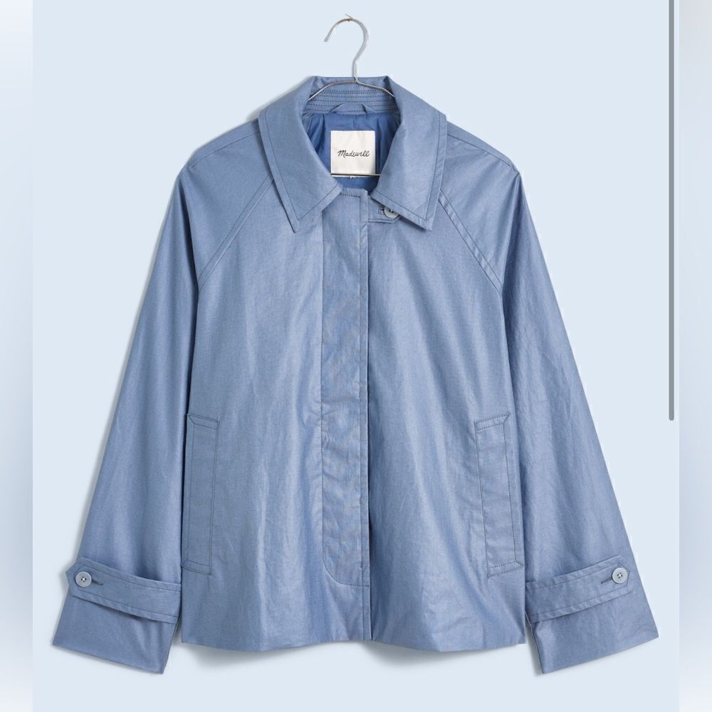 Madewell short trench coat Laminated Button Up Long Sleeve Coat in blue. M